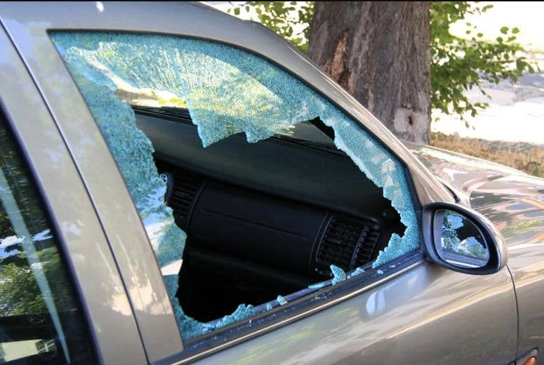 Smashed door window after a break-in
