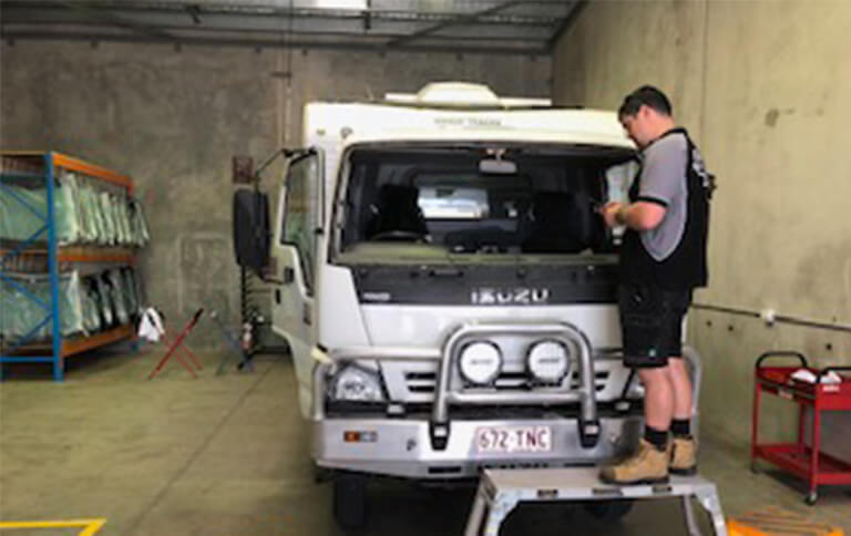 Truck windscreen replacement in the workshop